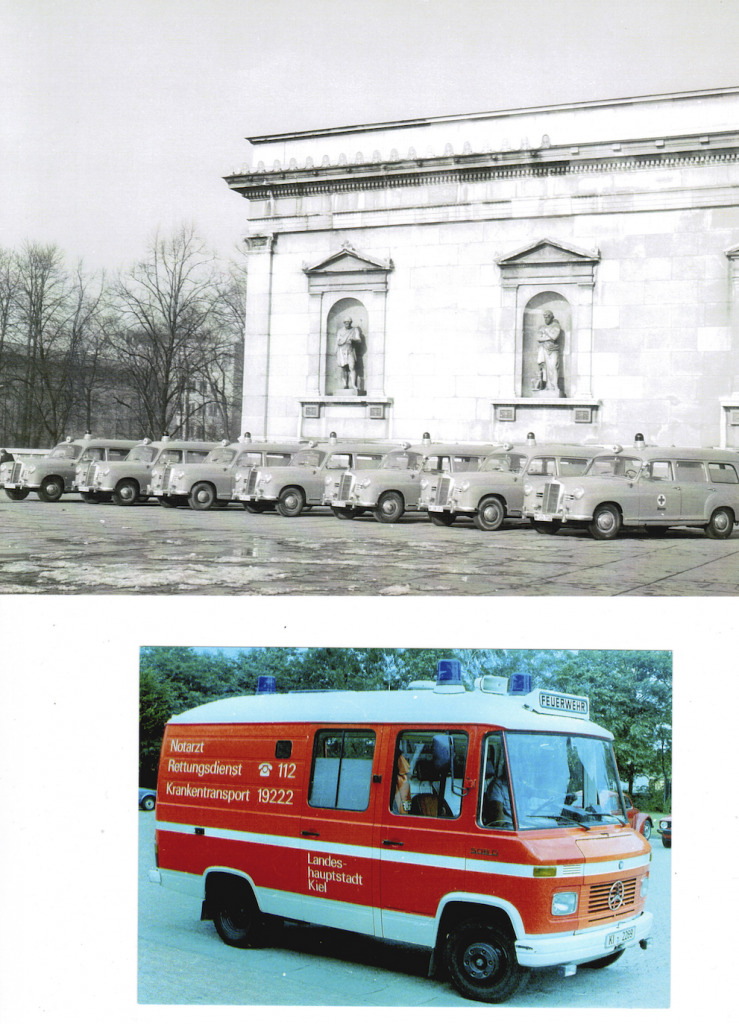 Eine Flotte Münchener Krankenwagen auf Basis von MB Ponton 180 bis 200 Diesel vor einem Denkmal in den frühen 60iger Jahren. Im Gegensatz dazu ein Kieler MB Rettungswagen "Düdo" MB 508 D ca. 30 Jahre später!